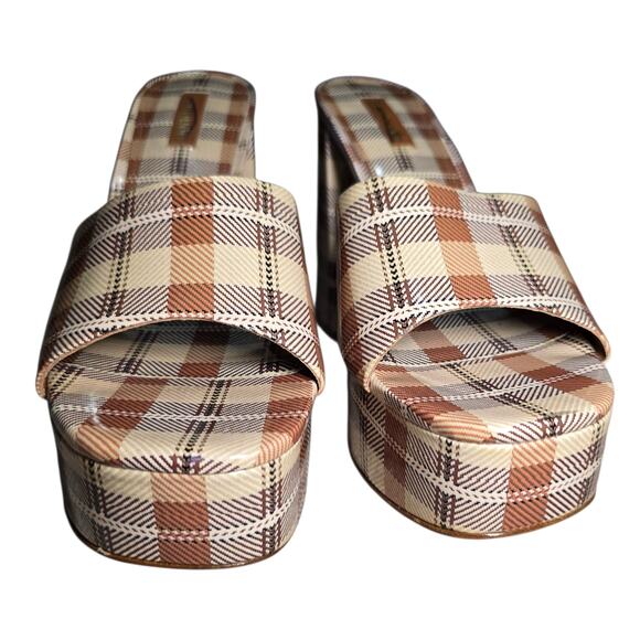 Larroude Dolly Mule Caramel Plaid Patent Leather Platform Heels Size 8.5 - Picture 2 of 9